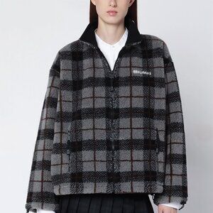 miumiuBlack Check Teddy Leather Jacket Coat